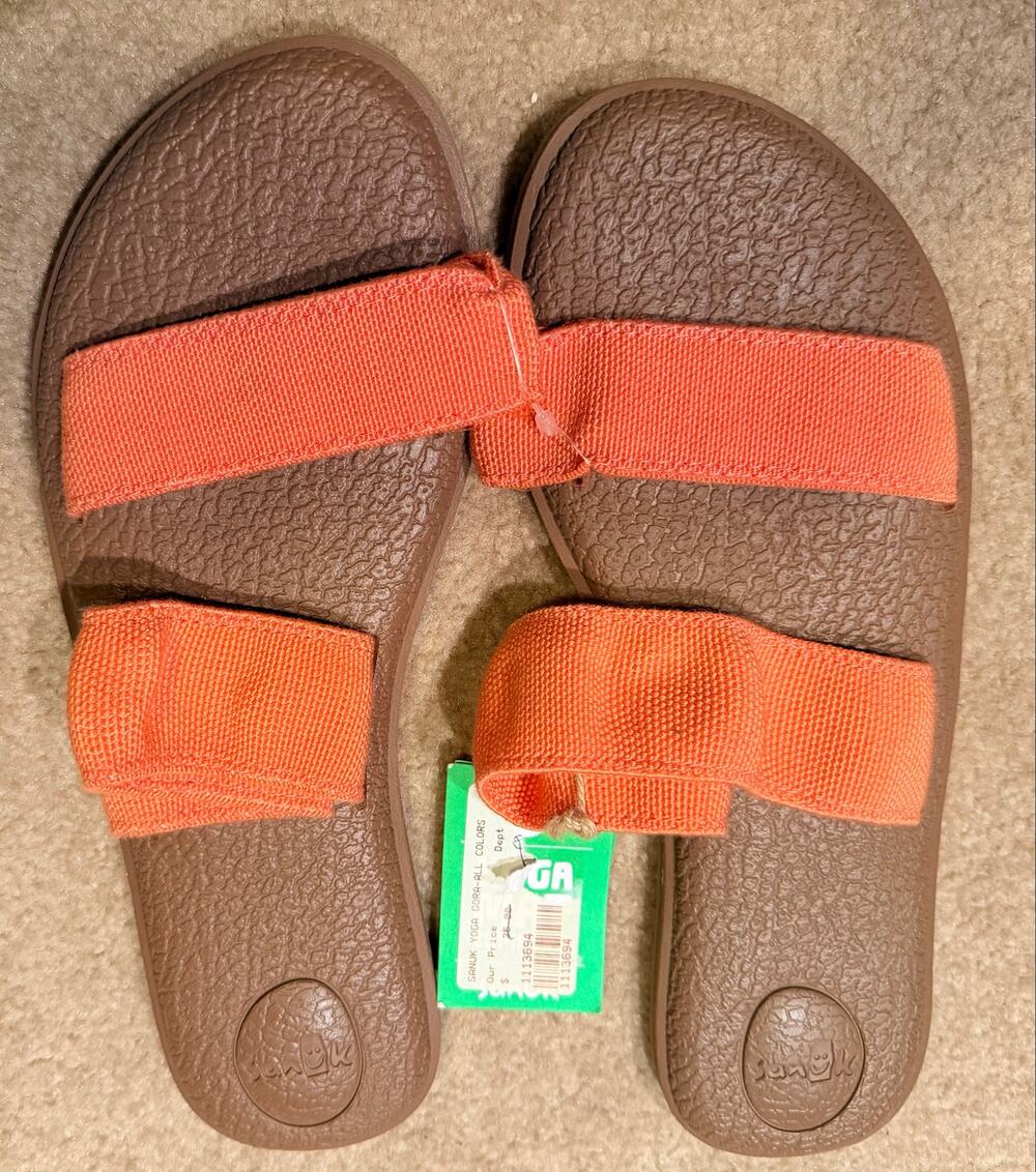 Sanuk Yoga Gora Slide Sandals Orange Brown Double Strap Slip On Women Size 10